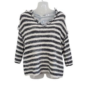 Free People Spells Trouble Stripe Pullover Sweater 3/4 Sleeve Ivory Black Small